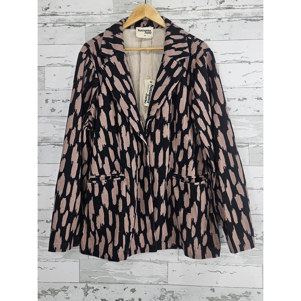 Savanna Jane Corduroy Blazer 1X Pink Black Brushstroke Jacket